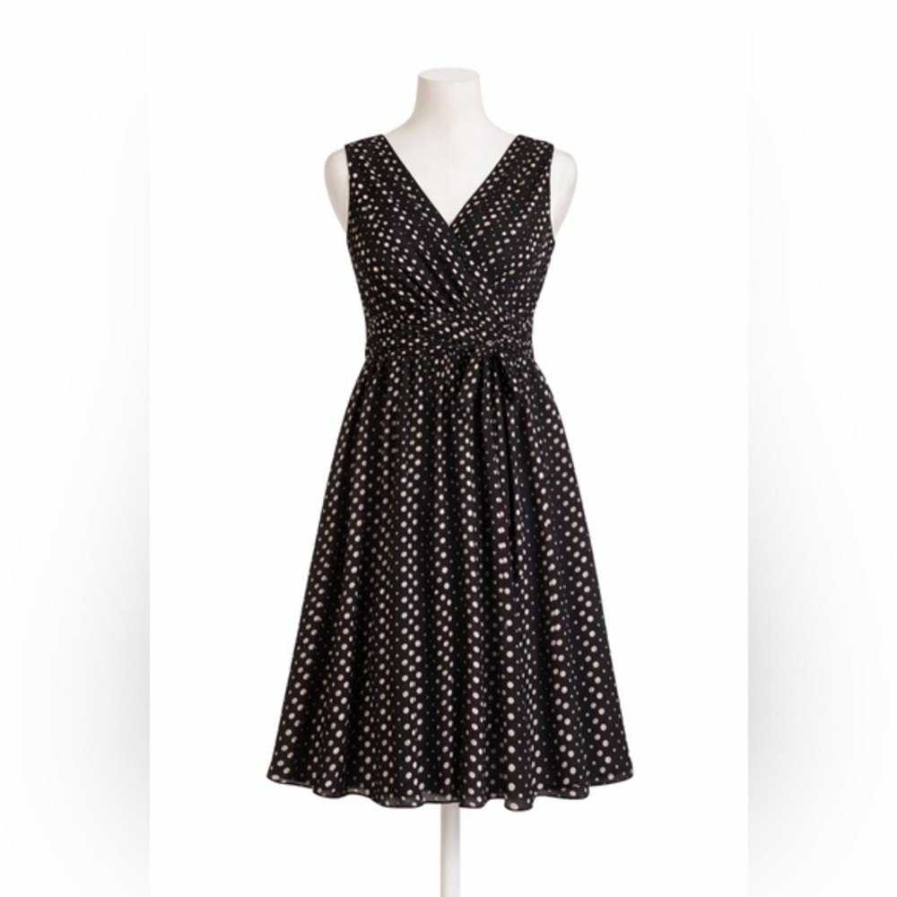 SOUP Black White Polka Dot Dress XS Retro Wrap V Neck Empire Waist Fit Flare